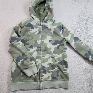 Cat & Jack Hoodie Youth Medium 8/10 Green Camo Sherpa Lined Full Zip Fleece